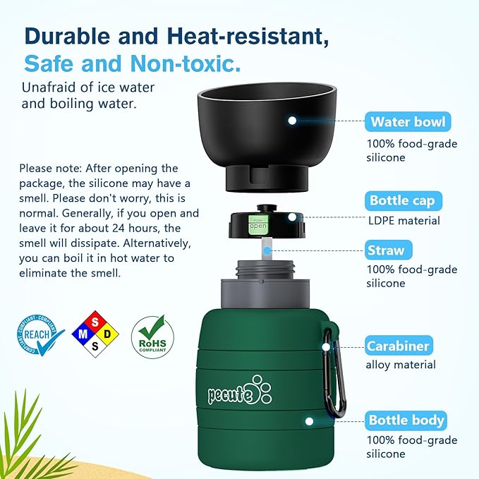 Pecute Dog Water Bottle Portable, 29oz Dog Foldable Water Bottle with Folding Bowl & Clip, 100% Food Grade Silicone, 5 Levels Capacity, Dog Water Bottle for Outdoor Walking, Hiking, Travel(Green)