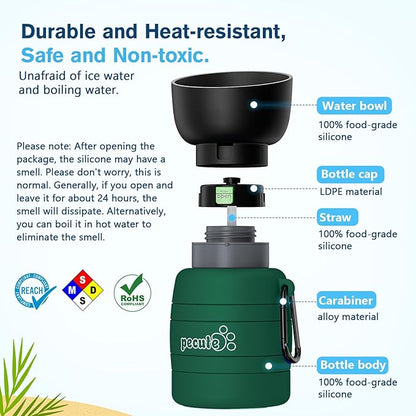 Pecute Dog Water Bottle Portable, 29oz Dog Foldable Water Bottle with Folding Bowl & Clip, 100% Food Grade Silicone, 5 Levels Capacity, Dog Water Bottle for Outdoor Walking, Hiking, Travel(Green)