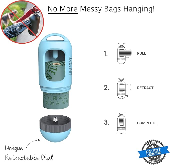 SVD.PET Dog Poop Bag Dispenser, Retractable Waste Bag Fits Any Dog Leash, 15 Waste Bags, Poop Bag Holder, Dog Walking Accessory (Columbia Blue)