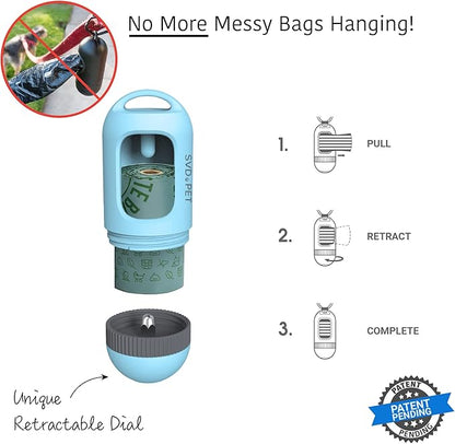 SVD.PET Dog Poop Bag Dispenser, Retractable Waste Bag Fits Any Dog Leash, 15 Waste Bags, Poop Bag Holder, Dog Walking Accessory (Columbia Blue)