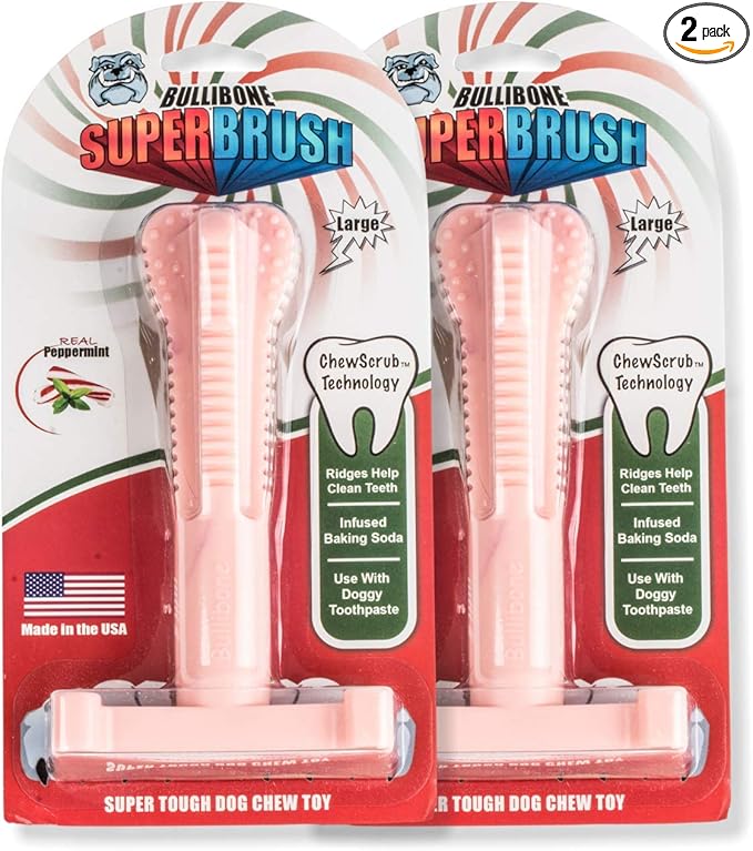 Bullibone SuperBrush: Dog Teeth Cleaning Brushing Toothbrush Stick - Long Lasting Nylon Pink Peppermint Chew Toy for Oral Care and Dental Health