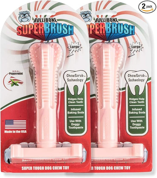 Bullibone SuperBrush: Dog Teeth Cleaning Brushing Toothbrush Stick - Long Lasting Nylon Pink Peppermint Chew Toy for Oral Care and Dental Health