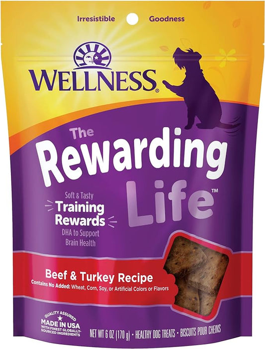 Wellness Rewarding Life Grain-Free Soft Dog Treats, Made in USA with Healthy Ingredients, Ideal for Training (Beef & Turkey Recipe, 6-Ounce Bag)