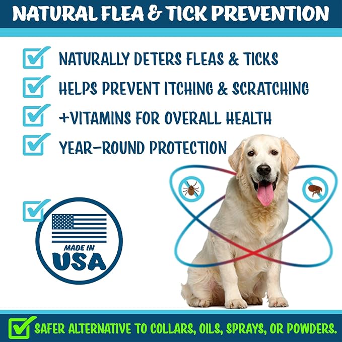 Flea and Tick Prevention for Dogs Chewables Supplement - Made in USA - Natural Flea & Tick Control for Dogs - Oral Flea Pills for Dogs - Flea Defense - All Breeds & Ages