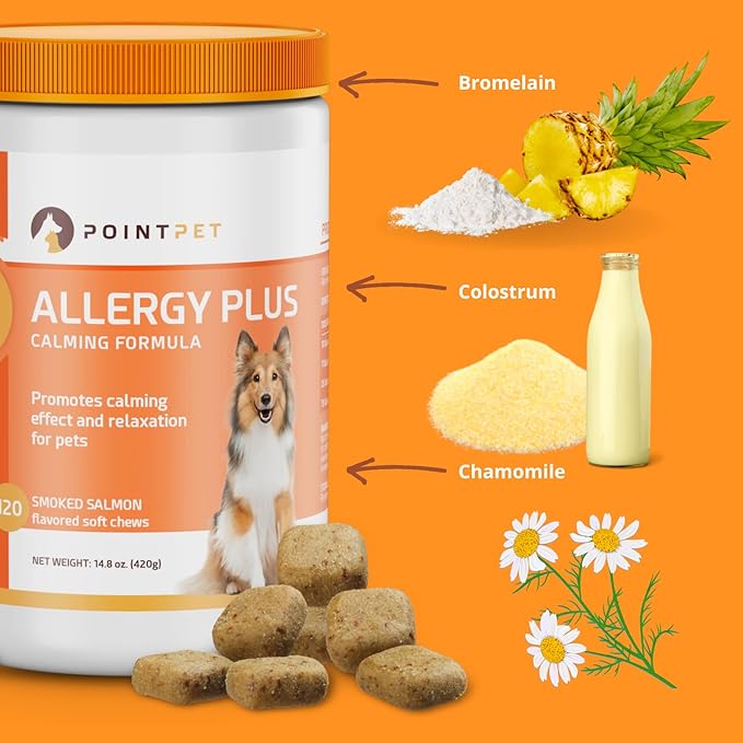 Allergy Plus Calming Formula for Dogs - Comprehensive Seasonal Allergy Support - Helps Manage Histamine Levels - Premium 13-in-1 Blend with Colostrum, Bromelain, Chamomile & More