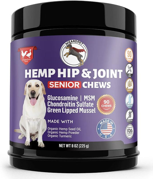 Mobility Hemp Oil Hip & Joint Supplement for Senior Dogs - Chondroitin Glucosamine MSM Turmeric Green Lipped Mussel - Extra Strength Formula for Arthritis Pain Relief & Mobility | 90 Chews