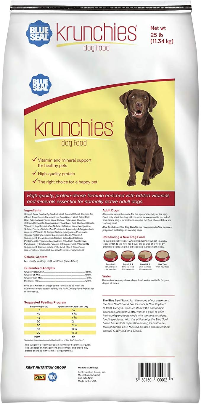 Blue Seal Krunchies Adult Dog Food | No Soy, No Artificial Colors or Preservatives, Nutritionally Complete with Added Vitamins and Minerals | 25 Pound Bag