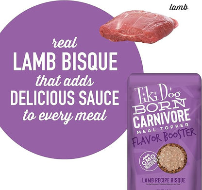 Tiki Dog Born Carnivore Flavor Booster, Lamb Recipe Bisque, Grain Free Meat Based Treat, Meal Topper for All Dog Breeds and All Life Stages, 1.5 oz, Pack of 12