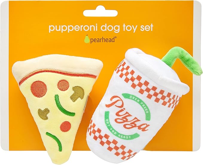 Pearhead Puperoni Dog Toys, Set of 2, Plush Chew Toys, for Pets, Pizza and Drink Dog Toy Set, Must Have Pet Accessories for Dog Owners, Squeaker Toys, All Breeds