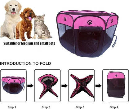 Portable Pet Playpen for Small Cat Dog Puppy Rabbit,Cat Kitten Playpen Indoor Outdoor with Carrying Case,Waterproof Bottom and Removable Zipper Top (S(28.7" x 28.7" x 16"), Rose)