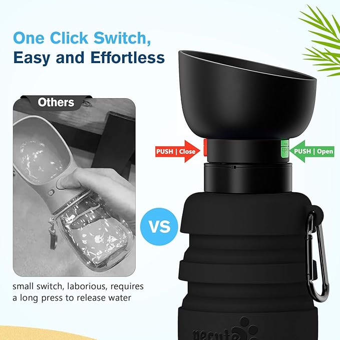 Pecute Dog Water Bottle Portable, 29oz Dog Foldable Water Bottle with Folding Bowl, Carabiner Clip, 5 Levels Capacity, 100% Food Grade Silicone, Dog Water Bottle for Outdoor Walking, Travel (Black)