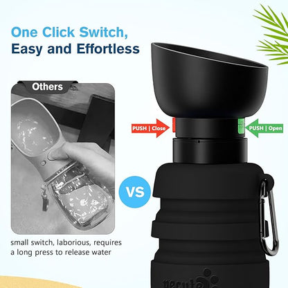 Pecute Dog Water Bottle Portable, 29oz Dog Foldable Water Bottle with Folding Bowl, Carabiner Clip, 5 Levels Capacity, 100% Food Grade Silicone, Dog Water Bottle for Outdoor Walking, Travel (Black)