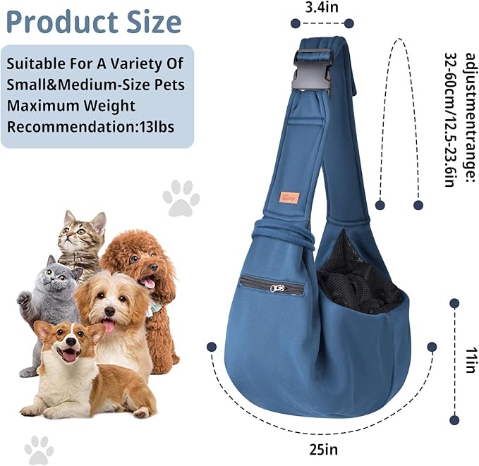 CUBY Dog and Cat Sling Carrier - Small Dog Carrier Sling with Adjust Strap & Zip Pocket, Hands Free Soft Dog Slings for Small Dogs Cats Puppy Pets Outdoor Travel Safety Purse Bag (navy blue)