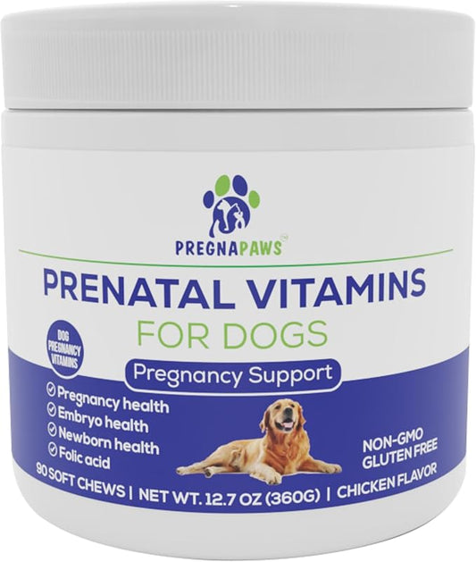 Prenatal Multivitamin Soft Chews for Dogs, 90 Count - Dog Prenatal Vitamins with Folic Acid, Zinc, and Calcium - Supports Milk Production - Delicious Chicken Flavor