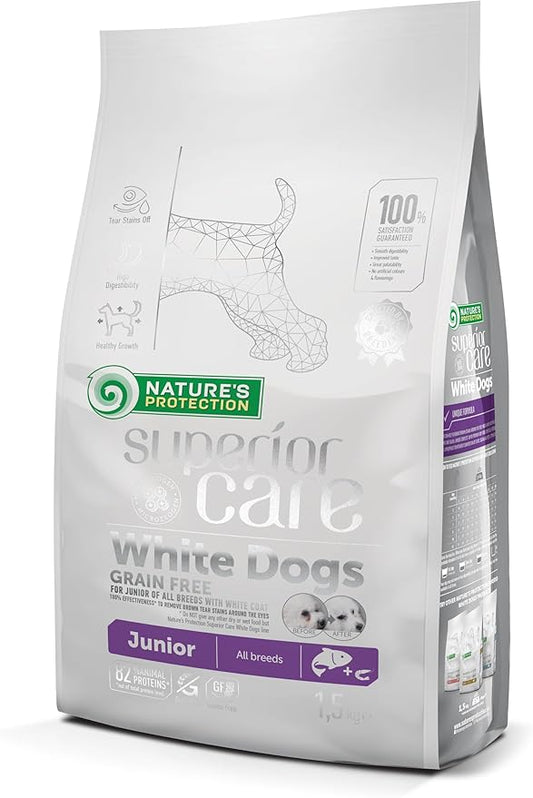 Nature's Protection Superior Care White Dogs Grain-Free Dry Dog Food for Junior Light Coated Dogs, Salmon, 3.3 lbs.