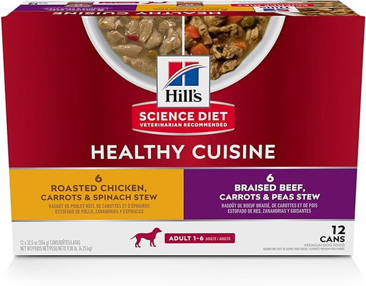 Hill's Science Diet Healthy Cuisine, Adult 1-6, Great Taste, Wet Dog Food, Variety Case: Roasted Chicken, Carrots & Spinach; Braised Beef , Carrots & Peas Stew, 12.5 oz Can Variety Case, Case of 12