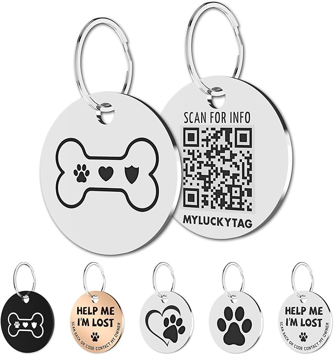 MYLUCKYTAG Stainless Steel QR Code Pet ID Tags Dog Tags - Pet Online Profile - Scan QR Receive Instant Pet Location Alert Email