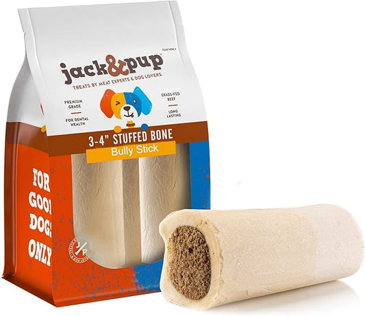 Jack&Pup Filled Dog Bones for Aggressive Chewers, 3-to-4-Inch Dog Chew Treats Dog Bone - Bully Stick Beef Flavor - All Natural Dog Bones Stuffed Dog Dental Treats - 4 Pack