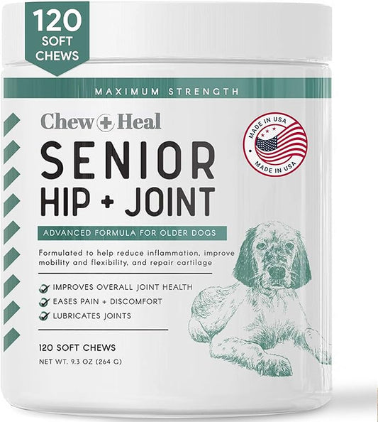 Glucosamine for Dogs Hip and Joint Supplement - 120 Soft Chews for Senior Dogs with Glucosamine, Chondroitin, MSM, Vitamin C, and Omegas - for Mobility, Cartilage, and Joint Health