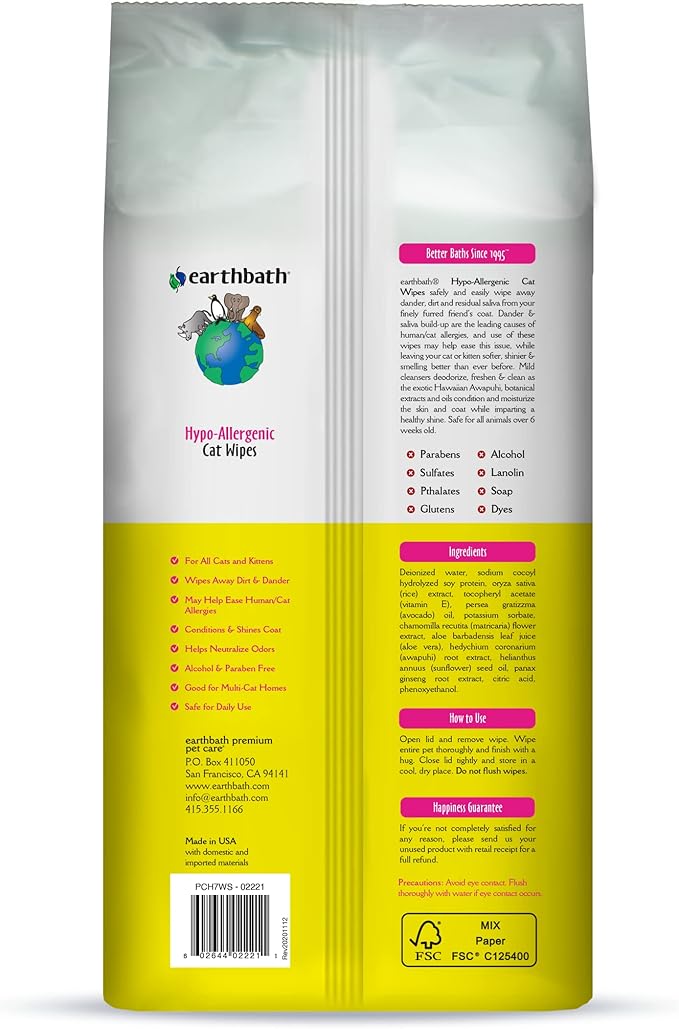 earthbath, Hypo-Allergenic Cat Wipes - Fragrance Free Cat Wipes for Paws and Butt, Best Pet Wipes for Cats with Sensitive Skin, Made in USA, Cruelty-Free Cat Cleaning Wipes - 100 Count (2 Pack)