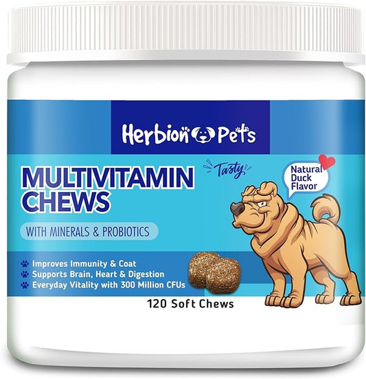 Herbion Pets Multivitamin Chews with Minerals & Probiotics; Improves Immunity & Coat; Supports Digestion; Brain & Heart Health; Delicious Natural Duck Flavor; Dog Supplements & Vitamins