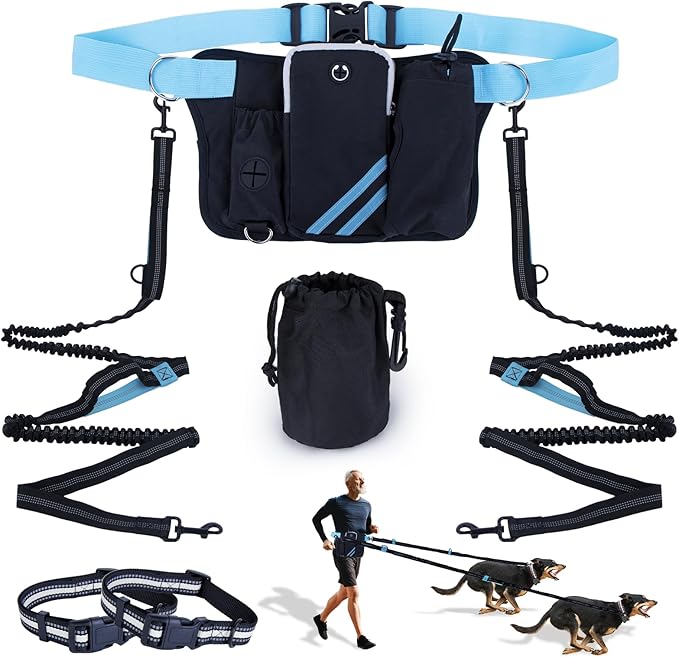Hands Free Dog Leash for 2 Dogs with Dual Bungees, Reflective Stitches & Retractable Waist Leash for Dog Walking, Adjustable Dog Running Waist Belt with Pouch for Running, Walking, Hiking & Jogging