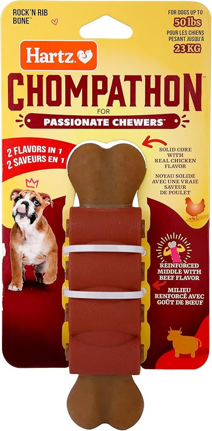 Hartz New Chompathon Rock 'N Rib Bone Dog Chew Toy for Aggressive Chewers, Double Layered Flavored with Chicken & Beef