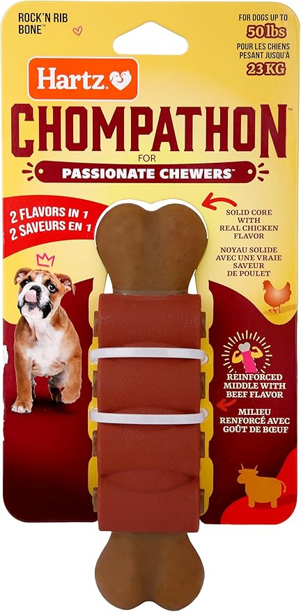 Hartz New Chompathon Rock 'N Rib Bone Dog Chew Toy for Aggressive Chewers, Double Layered Flavored with Chicken & Beef