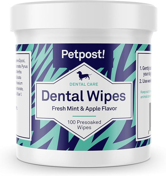 Petpost | Dental Wipes for Dogs - Bad Breath and Tooth Buildup Remover - Presoaked Pads in Natural Tooth Cleaning Solution 100 ct.