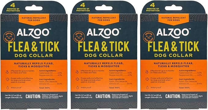 Flea & Tick Dog Collar, Helps Repel Fleas, Ticks & Mosquitoes, 100% Plant-Based Active Ingredients, Phthalates and PVC Free, Up to 4 Months Protection, Medium-Sized Dogs: 16-40 lbs, Pack of 3