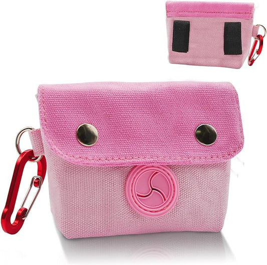 Dog Poop Bag Holder, Portable Dog Poop Bag Dispenser with 1 Metal Clip, Pink Button Canvas Poop Pag Polders for Leashes