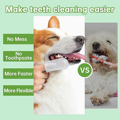 Teeth Cleaning for Dogs & Cats - Dental Care Finger Wipes to Remove Bad Breath - Pet Toothbrush Plaque and Tartar Remover - Tooth Brushing Kit (50 Count)