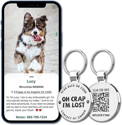 MYLUCKYTAG QR Code Pet ID Tags Dog Tags - Pet Online Profile - Scan QR Receive Instant Pet Location Alert Email