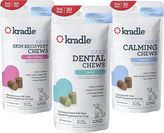 Kradle Soft Chew Variety Pack of 3 - Daily Dental Bones, Skin Health Chews & Stress-Relief Support for Dogs - Calming Chews with Soothing Ingredients - for All Dog Breed & Sizes - 30 Chews, 3 Pack
