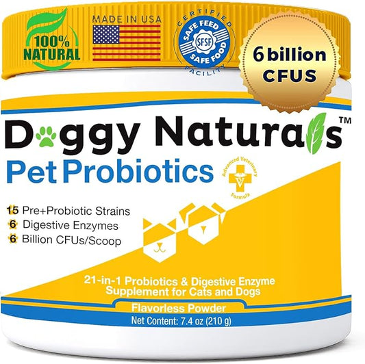 Probiotics for Dogs and Cats - Advanced Max-Strength Digestive Health, Increase & Maintain Proper Gut Flora- All Natural Probiotics Powder - (Made in USA) 7.4 Oz (6 Billion CFU Per Scoop)