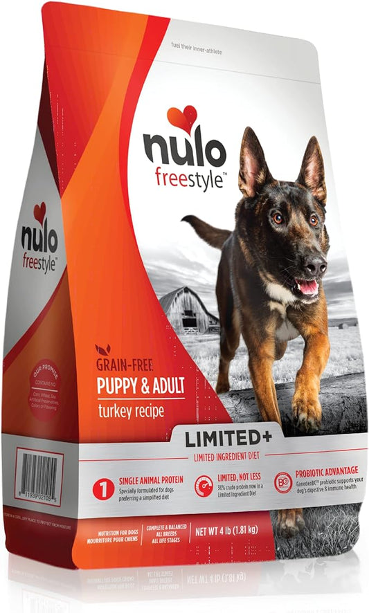 Nulo All Natural Dog Food: Freestyle Limited Plus Grain Free Puppy & Adult Dry Dog Food - Limited Ingredient Diet for Digestive & Immune Health - Allergy Sensitive Turkey Recipe - 4 lb Bag (51LT04)