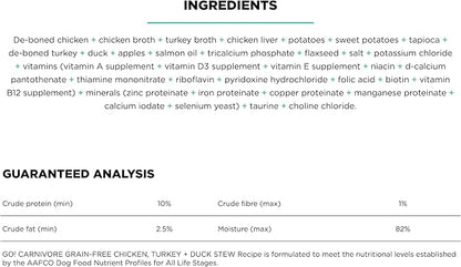 GO! SOLUTIONS Carnivore Protein Rich Wet Dog Food - Grain Free Chicken, Turkey and Duck Stew - Complete & Balanced Nutrition for All Life Stages, 12.5 oz