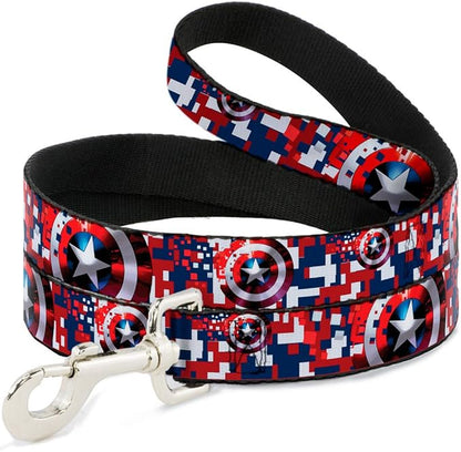Buckle-Down Dog Leash Captain America Shield Digital Camo Blue White Red 6 Feet Long 1.0 Inch Wide, Multi Color (DL-WCA041-1.0-6FT)