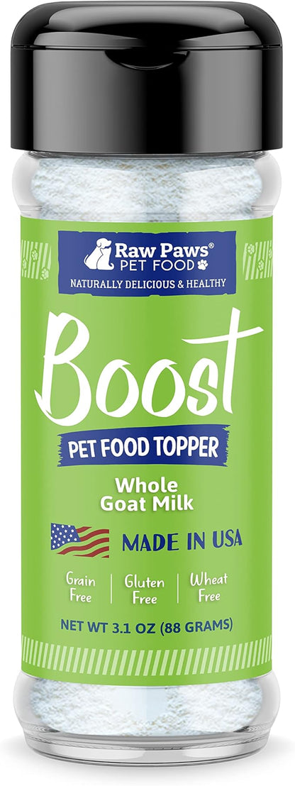 Raw Paws Boost Pet Food Topper Whole Goat Milk Powder, 3.1-oz - Made in USA, Dog Food Toppers for Dry Food - Cat Food Toppers, Dog Food Topper Powder, Dog Food Flavor Topper, Goat Milk Gravy for Cats