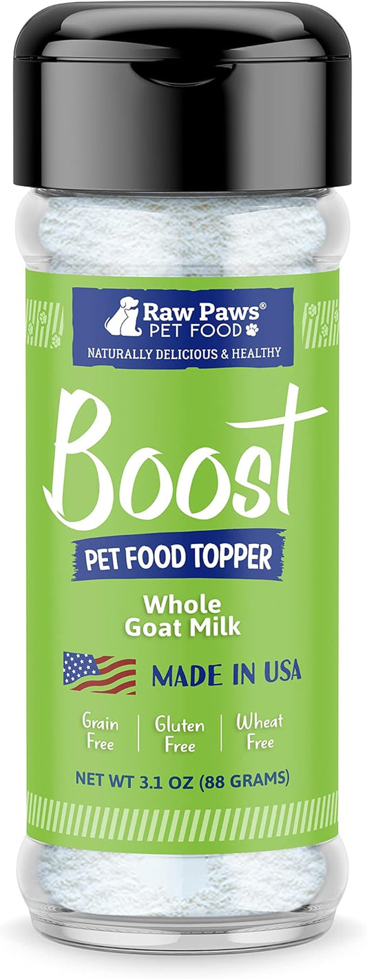 Raw Paws Boost Pet Food Topper Whole Goat Milk Powder, 3.1-oz - Made in USA, Dog Food Toppers for Dry Food - Cat Food Toppers, Dog Food Topper Powder, Dog Food Flavor Topper, Goat Milk Gravy for Cats