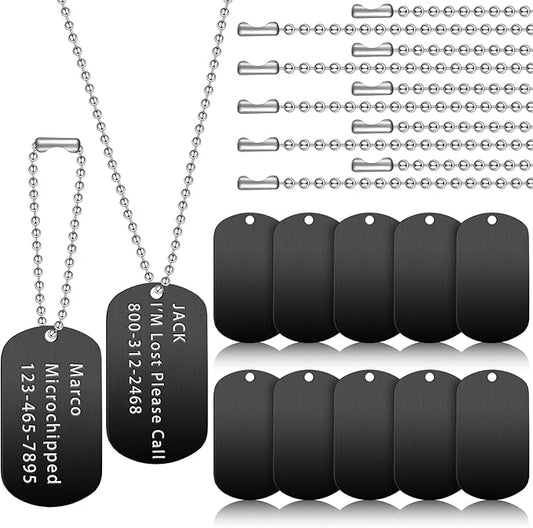 20 Pieces Military Dog Tags Set Including 10 Stainless Steel Army Blank Dog Tag 10 Steel Chain Personalized Pets Tags Oval Pendant Necklace for Stamping Engraving DIY Craft(Black)