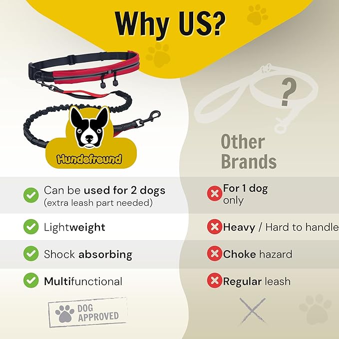Hands Free Dog Leash for Running Walking Hiking for Medium and Large Dogs (30-150 lbs) with Adjustable Waist Belt, Zipper Pouch, Reflective Retractable Bungee, Dual Handles Red