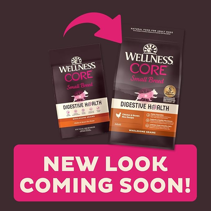 Wellness CORE Digestive Health Dry Dog Food with Wholesome Grains, Highly Digestible, for Dogs with Sensitive Stomachs, Made in USA with Real Protein (Small Breed, Chicken & Brown Rice, 4-Pound Bag)