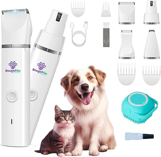 Small Dog Grooming Kit, 4 in 1 with Dog Bath Brush, Low Noise USB Rechargeable Cordless for Dogs&Cats,Waterproof Design,Dog Clippers for Paws,Ears,Face,Hip Hair
