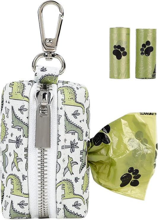ARING PET Dog Waste Bag Dispenser, Cotton Doggy Poop Bags Holders Attach to Any Leashes, Portable Washable Dinosaur Pet Waste Pouch Dispenser with Metal Zipper