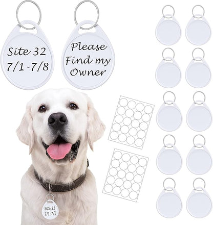 Dog Camping Gear (10pk) Blank Dog ID Tags, Emergency Double Sided Dog Tags with Key Ring, Prevent Lost Dogs During Travel or RV Camping, Camping Dog Accessories, Water-Resistant Pet Tag