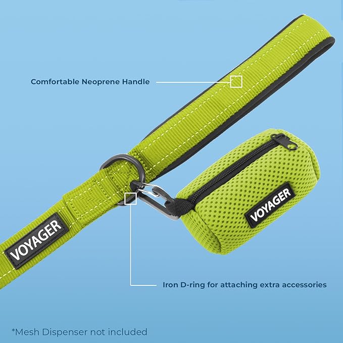 Voyager Reflective Dog Leash Collar Set with Neoprene Handle Supports Small, Medium, and Large Breed Puppies, Cute and Heavy Duty for Walking, Running, and Training - Lime Green, M