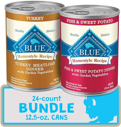 Blue Buffalo Homestyle Recipe Natural Adult Wet Dog Food, Turkey Meatloaf and Fish & Sweet Potato Bundle