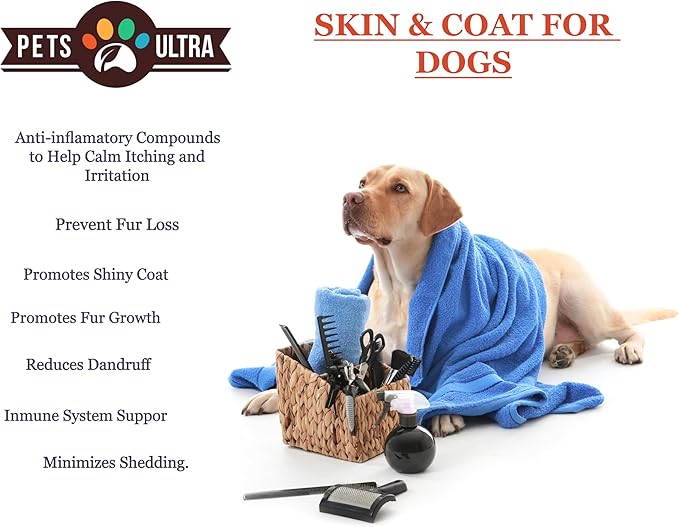 Skin & Coat Supplement for Dogs 90 Shew Treats, Bacon Flavor, Flax Seed Oil Omega 3,6 and 9, Wild Alaska Salmon Oil,Biotin, Skin Allergy, Itch Relief, Hot Spots Treatment.