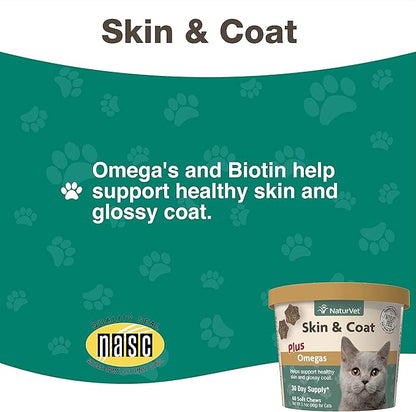 NaturVet – Skin & Coat Plus Omegas for Cats – 60 Soft Chews | Supports Healthy Skin & Glossy Coat | Enhanced with Omega-3, Omega-6 & Biotin | 30 Day Supply